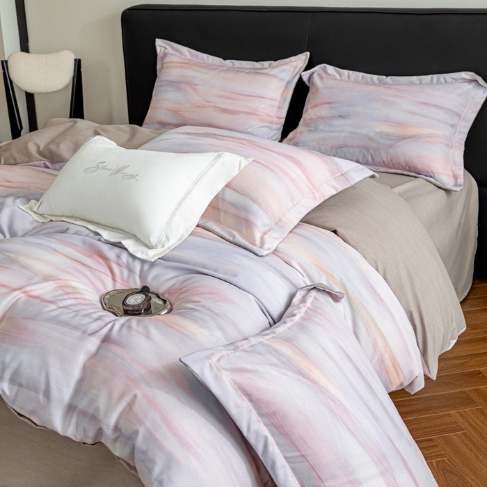 91家纺网 家纺一手货源 找家纺 鸿森林 2025新款全棉纯棉磨毛印花四件套 律动-粉