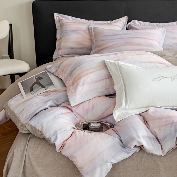 91家纺网 家纺一手货源 找家纺 鸿森林 2025新款全棉纯棉磨毛印花四件套 律动-粉