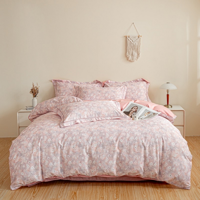 91家纺网 家纺一手货源 找家纺 鸿森林 2025新款全棉纯棉磨毛印花四件套 落樱-粉