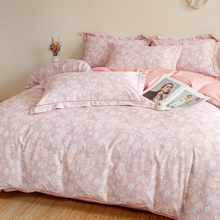 91家纺网 家纺一手货源 找家纺 鸿森林 2025新款全棉纯棉磨毛印花四件套 落樱-粉