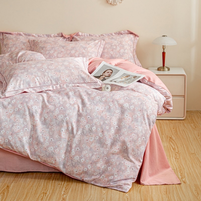 91家纺网 家纺一手货源 找家纺 鸿森林 2025新款全棉纯棉磨毛印花四件套 落樱-粉