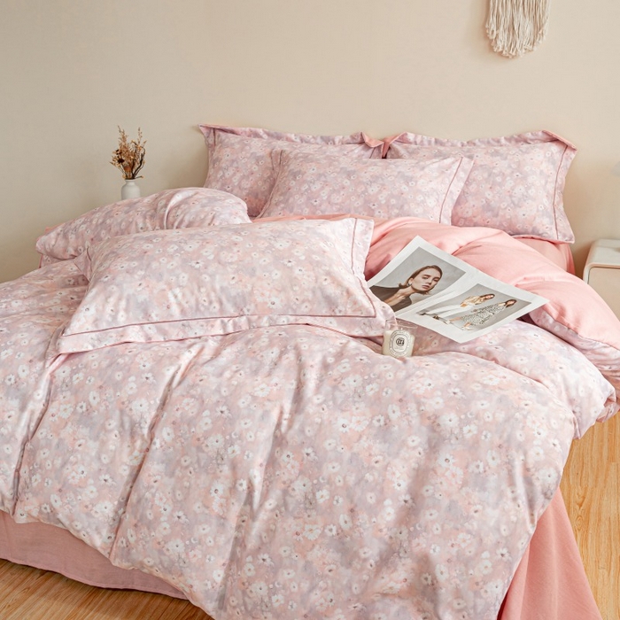 91家纺网 家纺一手货源 找家纺 鸿森林 2025新款全棉纯棉磨毛印花四件套 落樱-粉