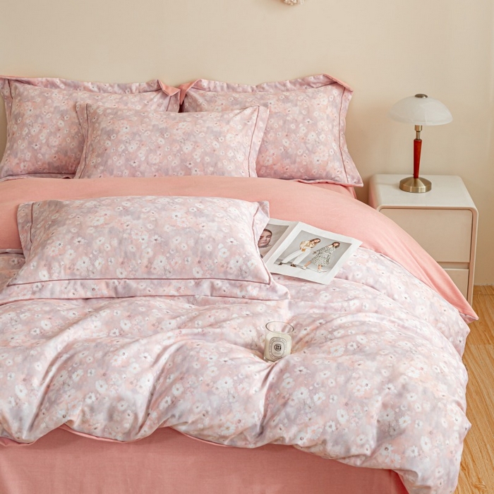 91家纺网 家纺一手货源 找家纺 鸿森林 2025新款全棉纯棉磨毛印花四件套 落樱-粉