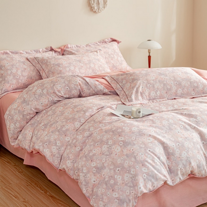 91家纺网 家纺一手货源 找家纺 鸿森林 2025新款全棉纯棉磨毛印花四件套 落樱-粉
