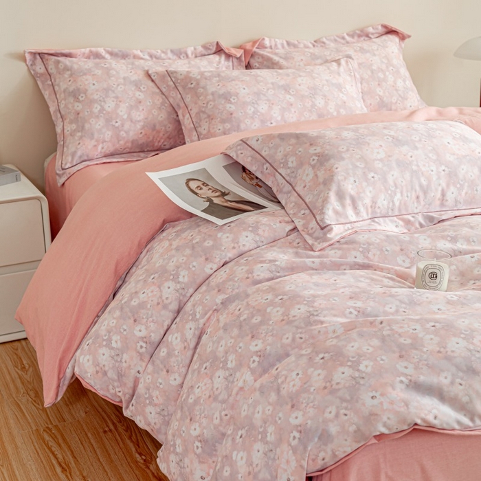 91家纺网 家纺一手货源 找家纺 鸿森林 2025新款全棉纯棉磨毛印花四件套 落樱-粉