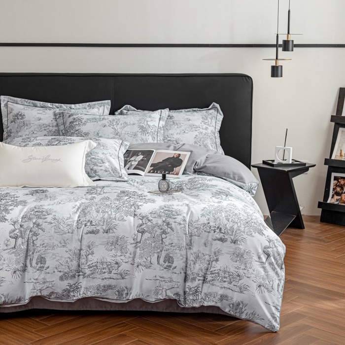 鸿森林 2025新款全棉纯棉磨毛印花四件套 莫奈-灰