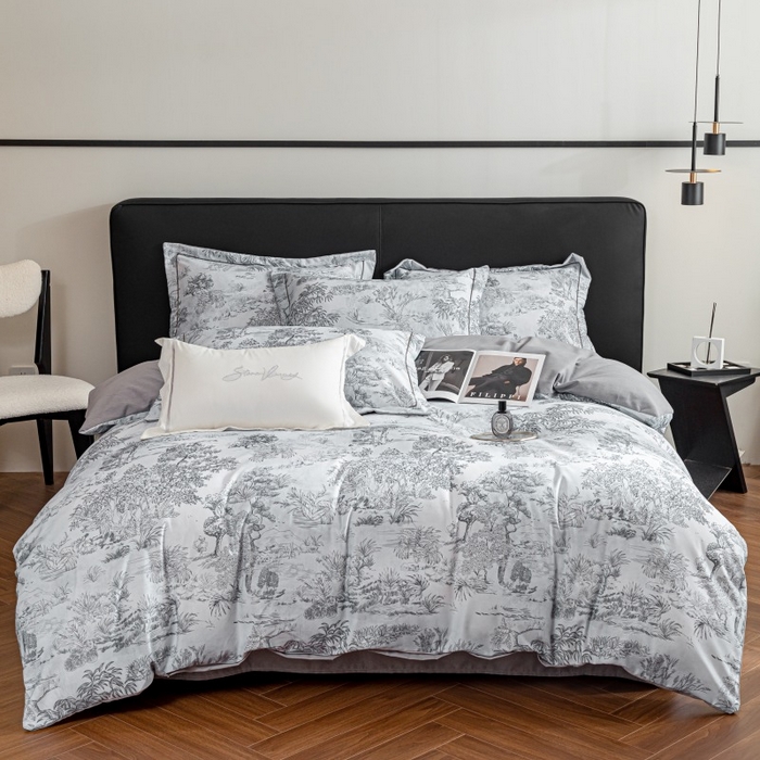 91家纺网 家纺一手货源 找家纺 鸿森林 2025新款全棉纯棉磨毛印花四件套 莫奈-灰