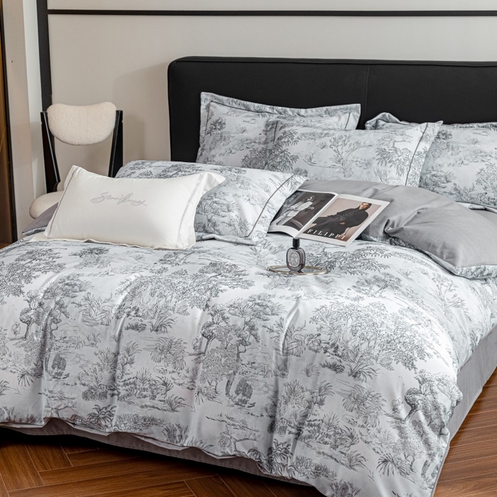 91家纺网 家纺一手货源 找家纺 鸿森林 2025新款全棉纯棉磨毛印花四件套 莫奈-灰