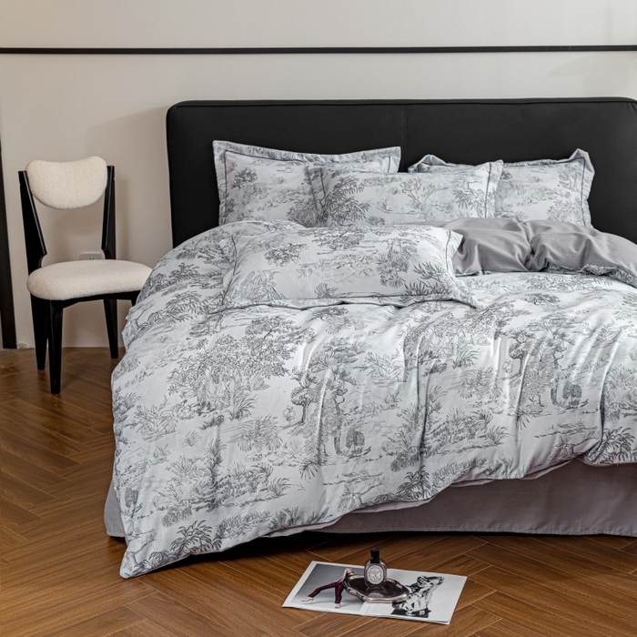 91家纺网 家纺一手货源 找家纺 鸿森林 2025新款全棉纯棉磨毛印花四件套 莫奈-灰