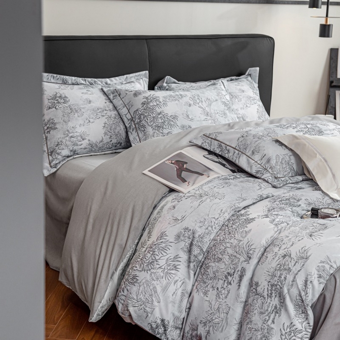 91家纺网 家纺一手货源 找家纺 鸿森林 2025新款全棉纯棉磨毛印花四件套 莫奈-灰