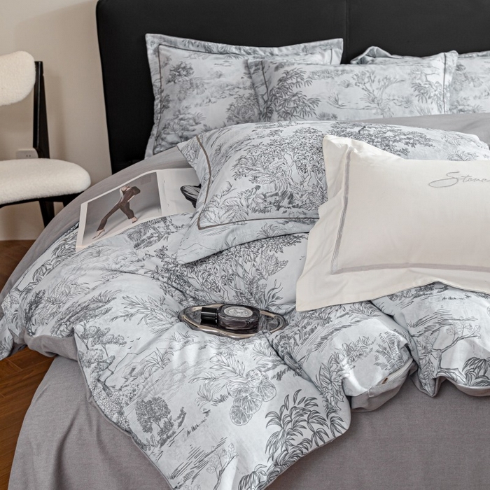 91家纺网 家纺一手货源 找家纺 鸿森林 2025新款全棉纯棉磨毛印花四件套 莫奈-灰