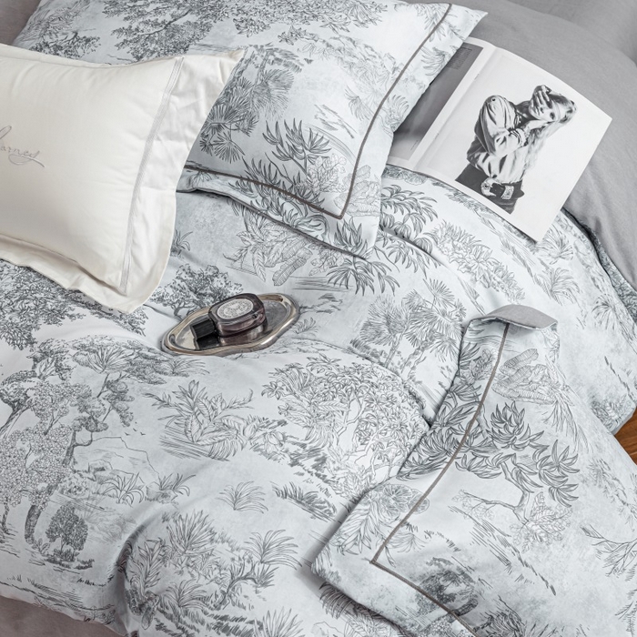 91家纺网 家纺一手货源 找家纺 鸿森林 2025新款全棉纯棉磨毛印花四件套 莫奈-灰