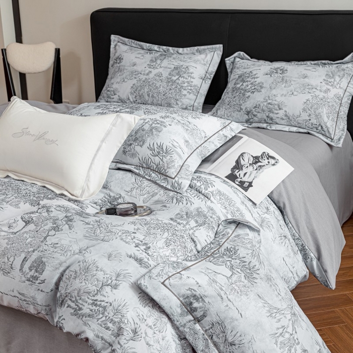 91家纺网 家纺一手货源 找家纺 鸿森林 2025新款全棉纯棉磨毛印花四件套 莫奈-灰