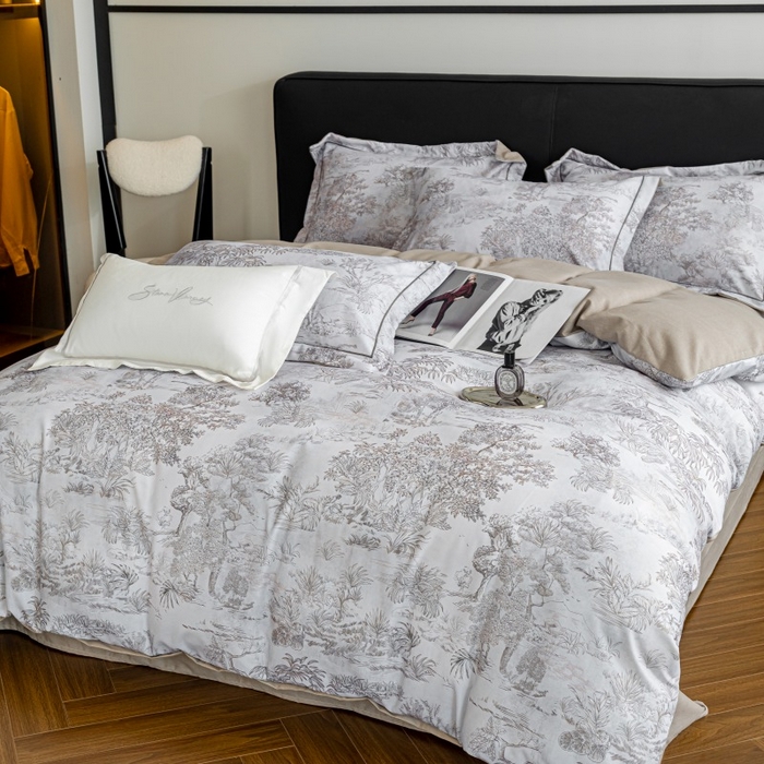 91家纺网 家纺一手货源 找家纺 鸿森林 2025新款全棉纯棉磨毛印花四件套 莫奈-咖