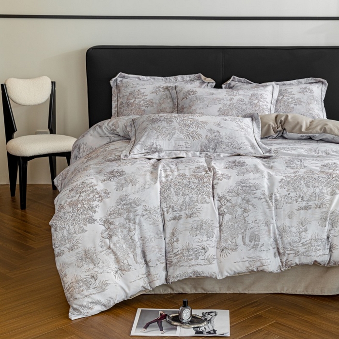 91家纺网 家纺一手货源 找家纺 鸿森林 2025新款全棉纯棉磨毛印花四件套 莫奈-咖