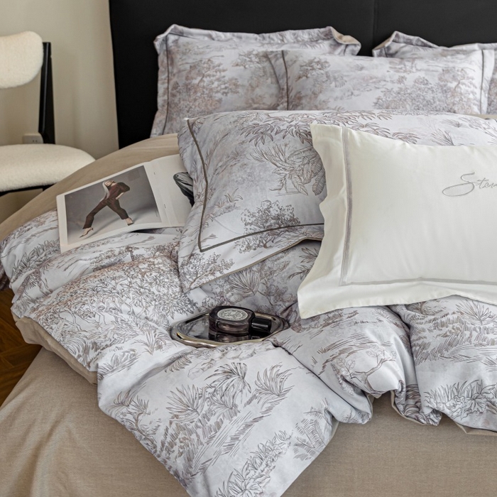 91家纺网 家纺一手货源 找家纺 鸿森林 2025新款全棉纯棉磨毛印花四件套 莫奈-咖