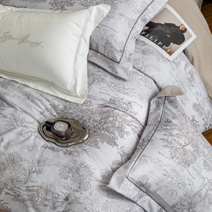 91家纺网 家纺一手货源 找家纺 鸿森林 2025新款全棉纯棉磨毛印花四件套 莫奈-咖