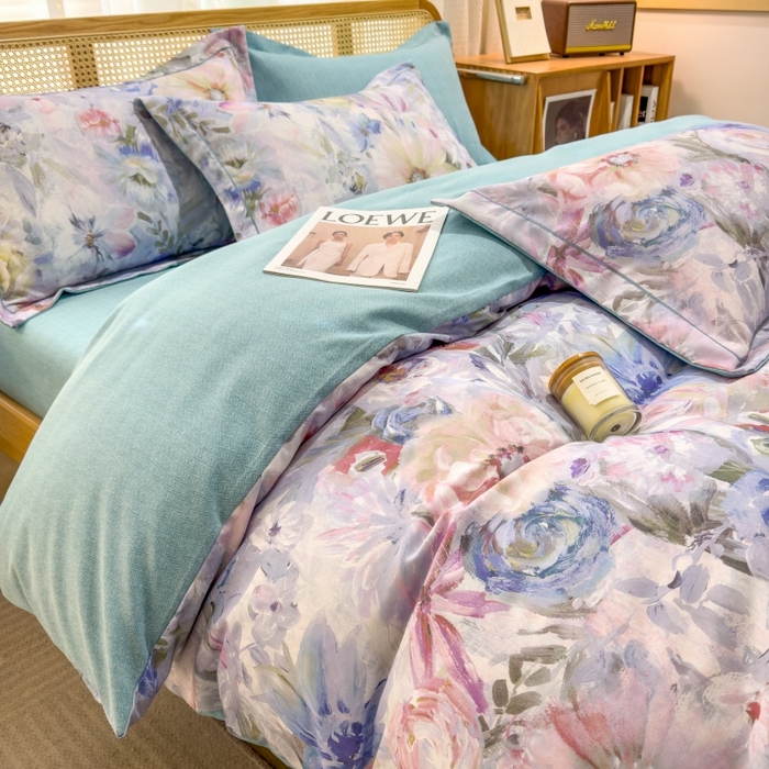 91家纺网 家纺一手货源 找家纺 鸿森林 2025新款全棉纯棉磨毛单品系列-四件套 花吟-蓝