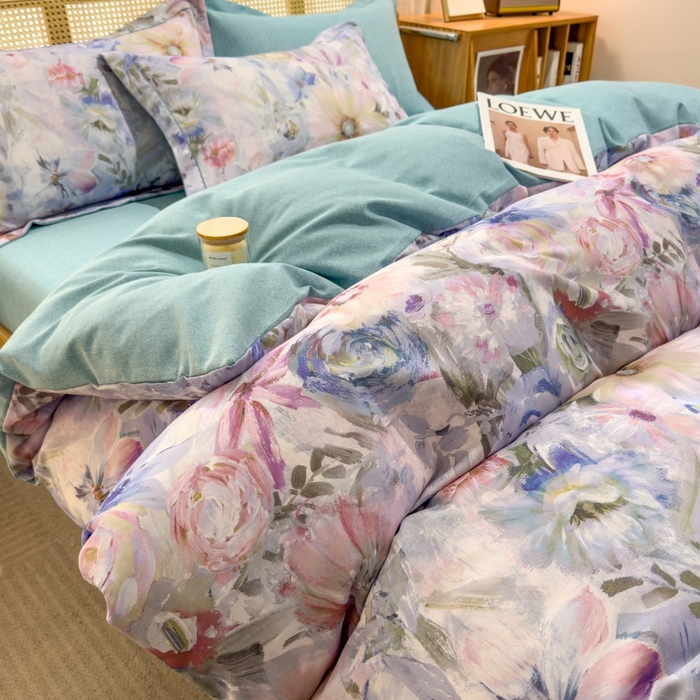 91家纺网 家纺一手货源 找家纺 鸿森林 2025新款全棉纯棉磨毛单品系列-四件套 花吟-蓝