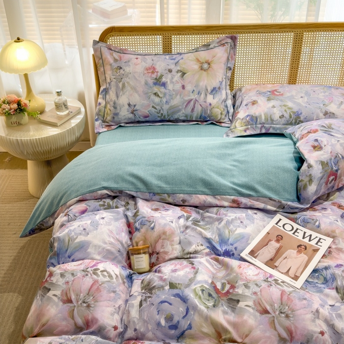 91家纺网 家纺一手货源 找家纺 鸿森林 2025新款全棉纯棉磨毛单品系列-四件套 花吟-蓝