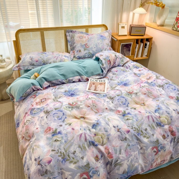 91家纺网 家纺一手货源 找家纺 鸿森林 2025新款全棉纯棉磨毛单品系列-四件套 花吟-蓝