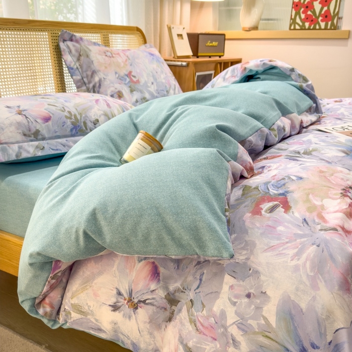 91家纺网 家纺一手货源 找家纺 鸿森林 2025新款全棉纯棉磨毛单品系列-四件套 花吟-蓝