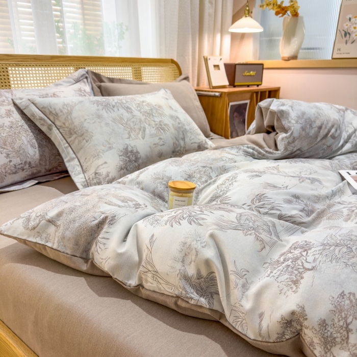 91家纺网 家纺一手货源 找家纺 鸿森林 2025新款全棉纯棉磨毛单品系列-四件套 莫奈-咖