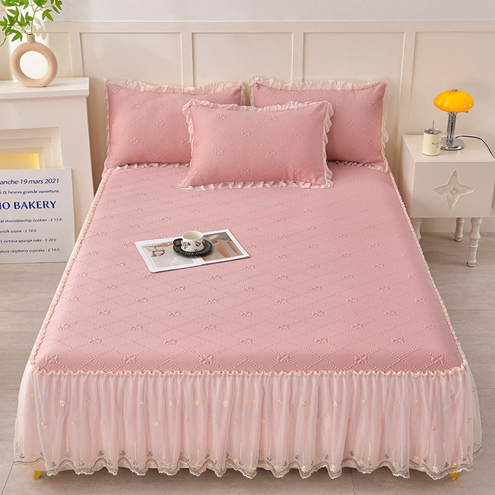 畅畅家纺 2025新款网红爆款夏季立体冰豆豆凉席床裙款三件套 爱心-豆沙粉