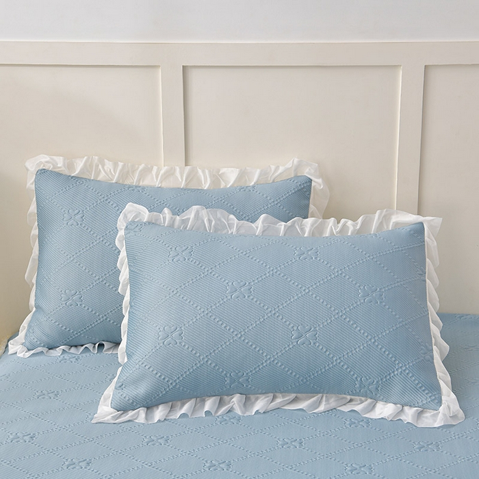 91家纺网 家纺一手货源 找家纺 畅畅家纺 2025新款网红爆款夏季立体冰豆豆凉席床裙款三件套 爱心-蓝