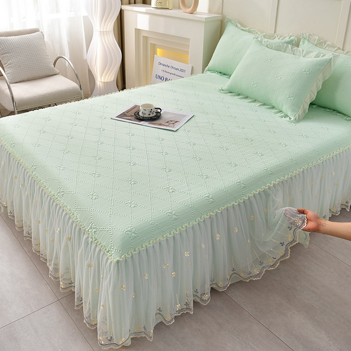 91家纺网 家纺一手货源 找家纺 畅畅家纺 2025新款网红爆款夏季立体冰豆豆凉席床裙款三件套 爱心-浅绿