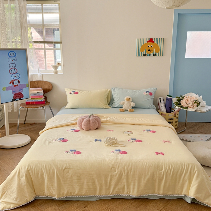 Sweet dreams甜梦 2025新款亲肤水洗棉毛巾刺绣夏被空调被夏凉被四件套 黄蓝小猫