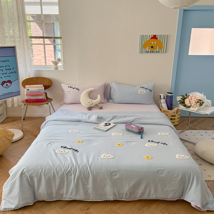 Sweet dreams甜梦 2025新款亲肤水洗棉毛巾刺绣夏被空调被夏凉被四件套 蓝紫云朵