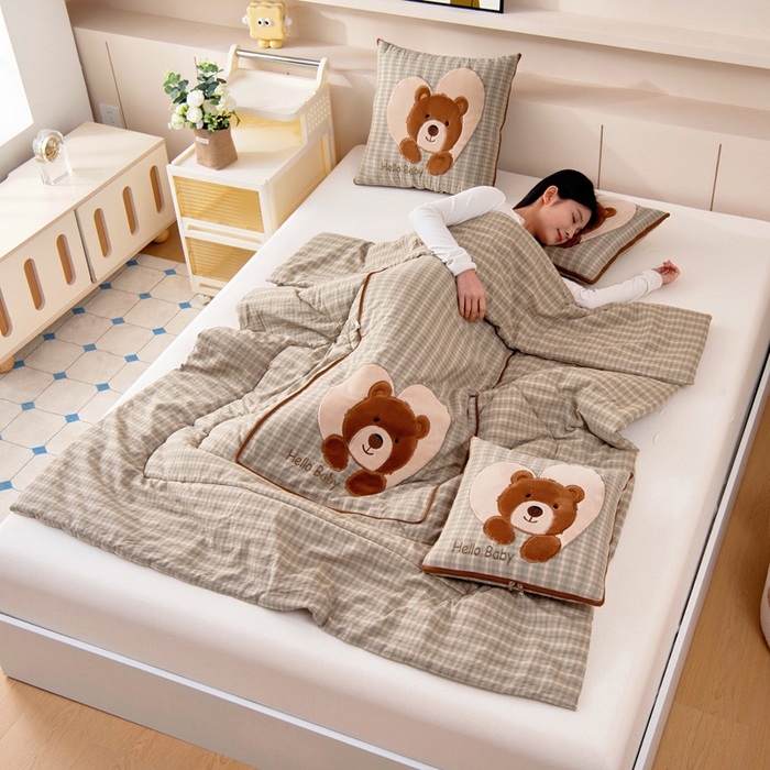 91家纺网 家纺一手货源 找家纺 阳光依佰抱枕被 2025新款全棉色织爱心熊抱抌被(控价小号券后不低于59元，大号不低于89元) 爱心熊一日落绿