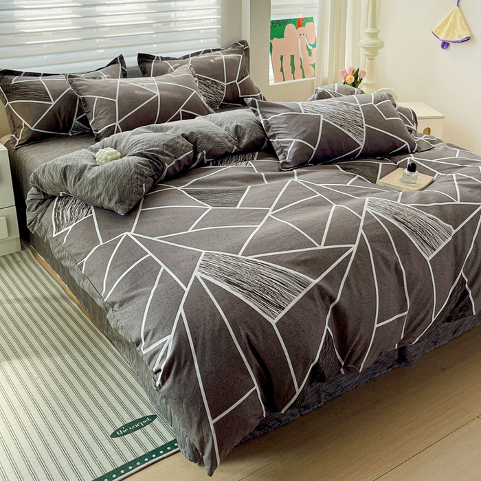 91家纺网 家纺一手货源 找家纺 朵朵家纺 2025新款亲肤水洗棉芦荟棉印花四件套 爱尚灰