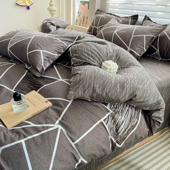 91家纺网 家纺一手货源 找家纺 朵朵家纺 2025新款亲肤水洗棉芦荟棉印花四件套 爱尚灰