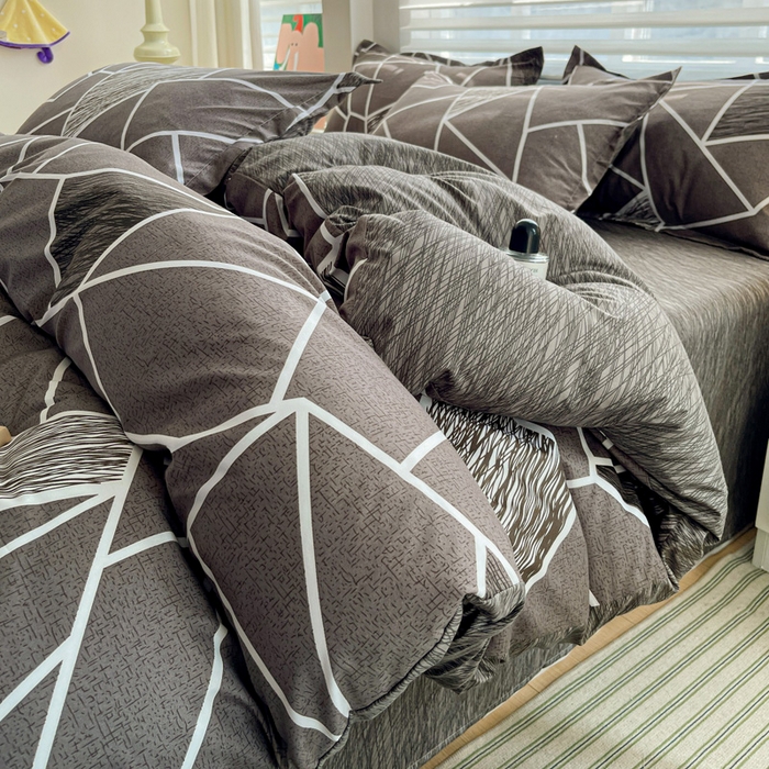 91家纺网 家纺一手货源 找家纺 朵朵家纺 2025新款亲肤水洗棉芦荟棉印花四件套 爱尚灰