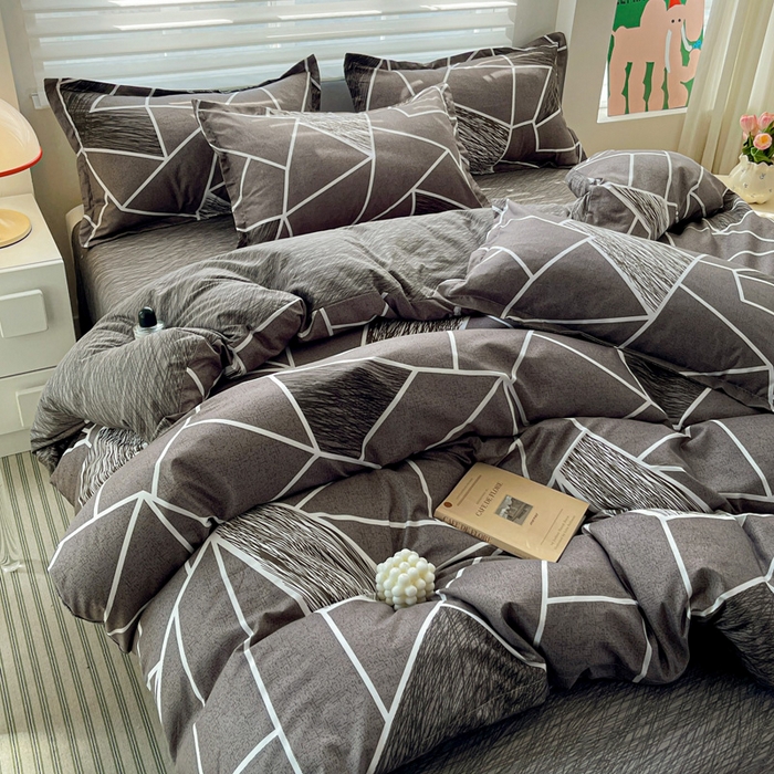 91家纺网 家纺一手货源 找家纺 朵朵家纺 2025新款亲肤水洗棉芦荟棉印花四件套 爱尚灰