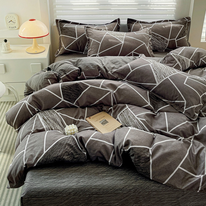 91家纺网 家纺一手货源 找家纺 朵朵家纺 2025新款亲肤水洗棉芦荟棉印花四件套 爱尚灰