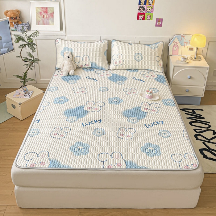 91家纺网 家纺一手货源 找家纺 沐慕 2025新款高克重小清新乳胶凉席-风格一 爱心小兔