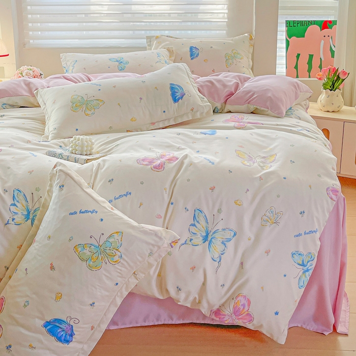 91家纺网 家纺一手货源 找家纺 朵朵家纺 2025新款亲肤水洗棉芦荟棉印花四件套 蝴蝶仙子