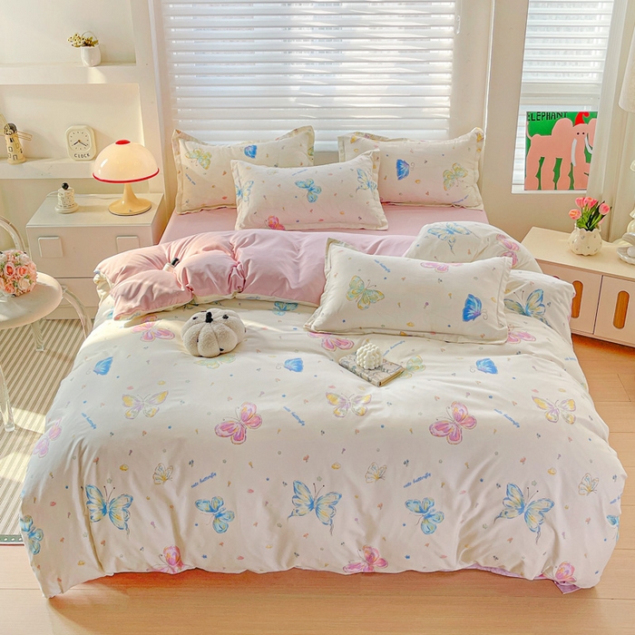 91家纺网 家纺一手货源 找家纺 朵朵家纺 2025新款亲肤水洗棉芦荟棉印花四件套 蝴蝶仙子