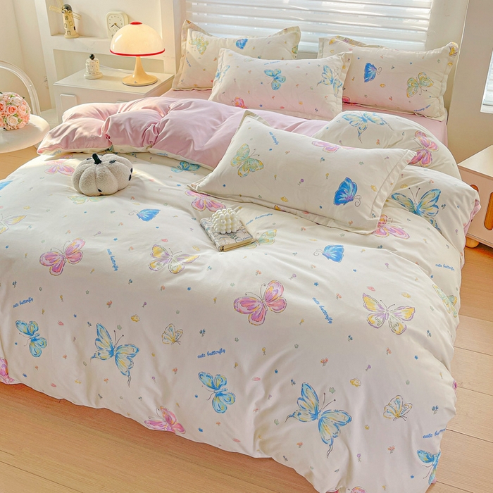 91家纺网 家纺一手货源 找家纺 朵朵家纺 2025新款亲肤水洗棉芦荟棉印花四件套 蝴蝶仙子