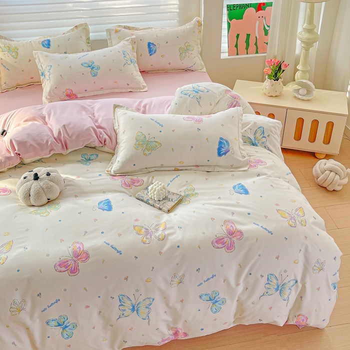 91家纺网 家纺一手货源 找家纺 朵朵家纺 2025新款亲肤水洗棉芦荟棉印花四件套 蝴蝶仙子