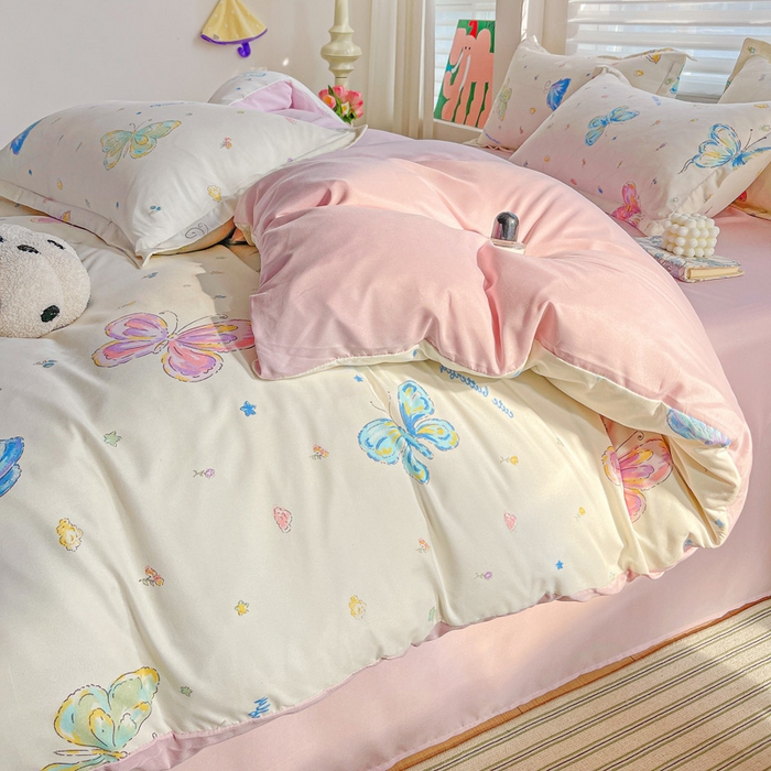 91家纺网 家纺一手货源 找家纺 朵朵家纺 2025新款亲肤水洗棉芦荟棉印花四件套 蝴蝶仙子