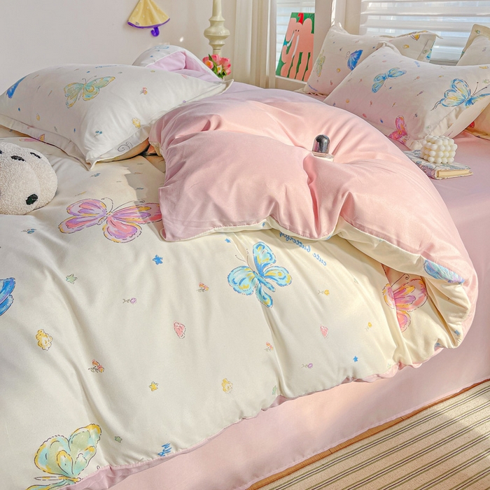 91家纺网 家纺一手货源 找家纺 朵朵家纺 2025新款亲肤水洗棉芦荟棉印花四件套 蝴蝶仙子