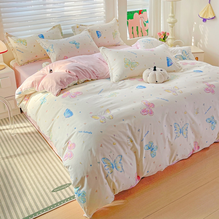 91家纺网 家纺一手货源 找家纺 朵朵家纺 2025新款亲肤水洗棉芦荟棉印花四件套 蝴蝶仙子