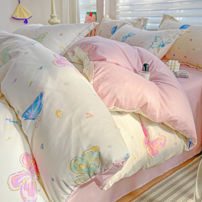 91家纺网 家纺一手货源 找家纺 朵朵家纺 2025新款亲肤水洗棉芦荟棉印花四件套 蝴蝶仙子