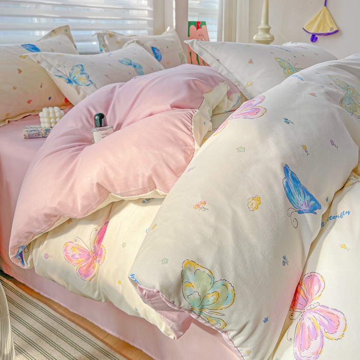 91家纺网 家纺一手货源 找家纺 朵朵家纺 2025新款亲肤水洗棉芦荟棉印花四件套 蝴蝶仙子