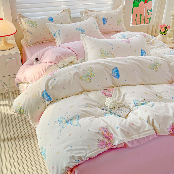 91家纺网 家纺一手货源 找家纺 朵朵家纺 2025新款亲肤水洗棉芦荟棉印花四件套 蝴蝶仙子