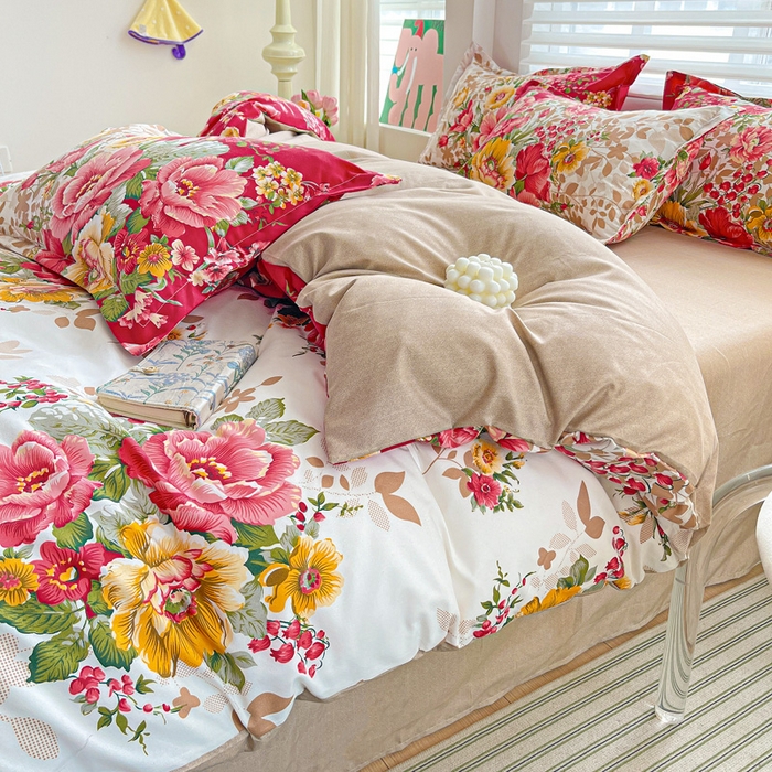 91家纺网 家纺一手货源 找家纺 朵朵家纺 2025新款亲肤水洗棉芦荟棉印花四件套 花初